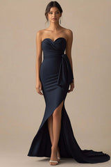 Navy Wedding Guest Dress Satin Long Sweetheart Mermaid Ruched Evening Dress With Slit