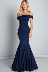 Navy Wedding Guest Dress Satin Off The Shoulder Long Mermaid Evening Dress With Beading