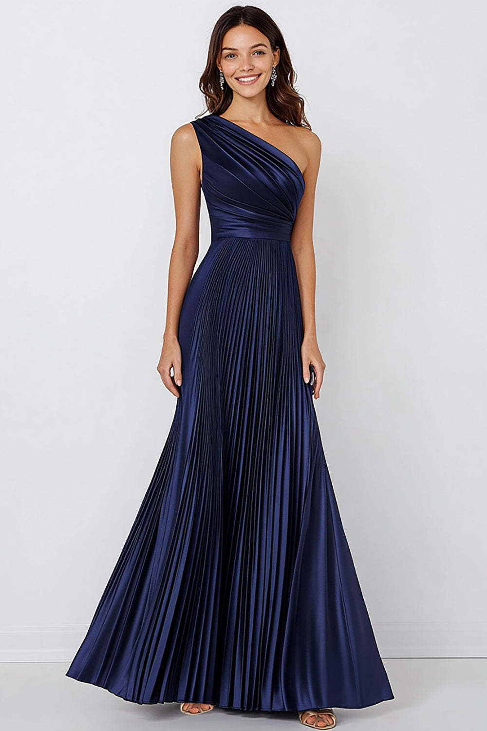 Navy Wedding Guest Dress Satin One Shoulder Long Pleated Mermaid Evening Dress