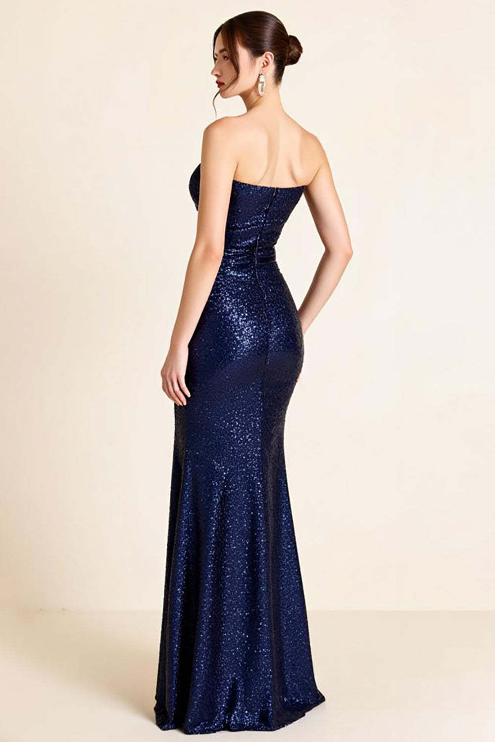 Navy Wedding Guest Dress Sequin Strapless Long Mermaid Evening Dress With Slit