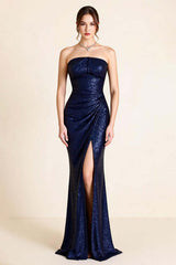 Navy Wedding Guest Dress Sequin Strapless Long Mermaid Evening Dress With Slit