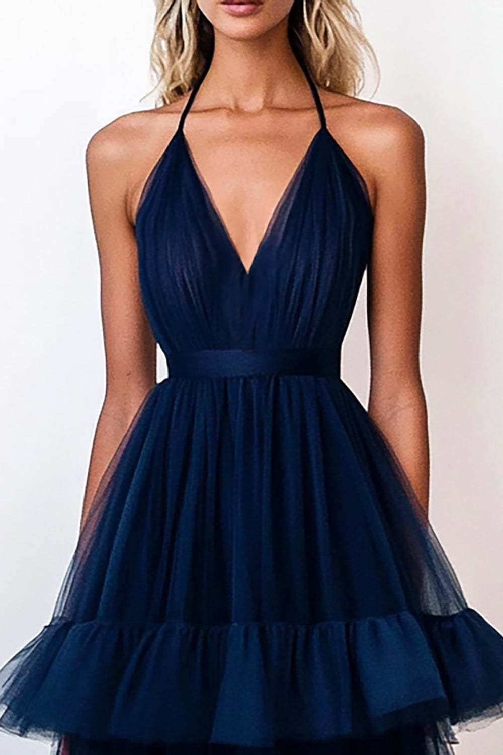 Navy Wedding Guest Dress Tulle Halter Long A Line Tiered Evening Dress With Ruffles
