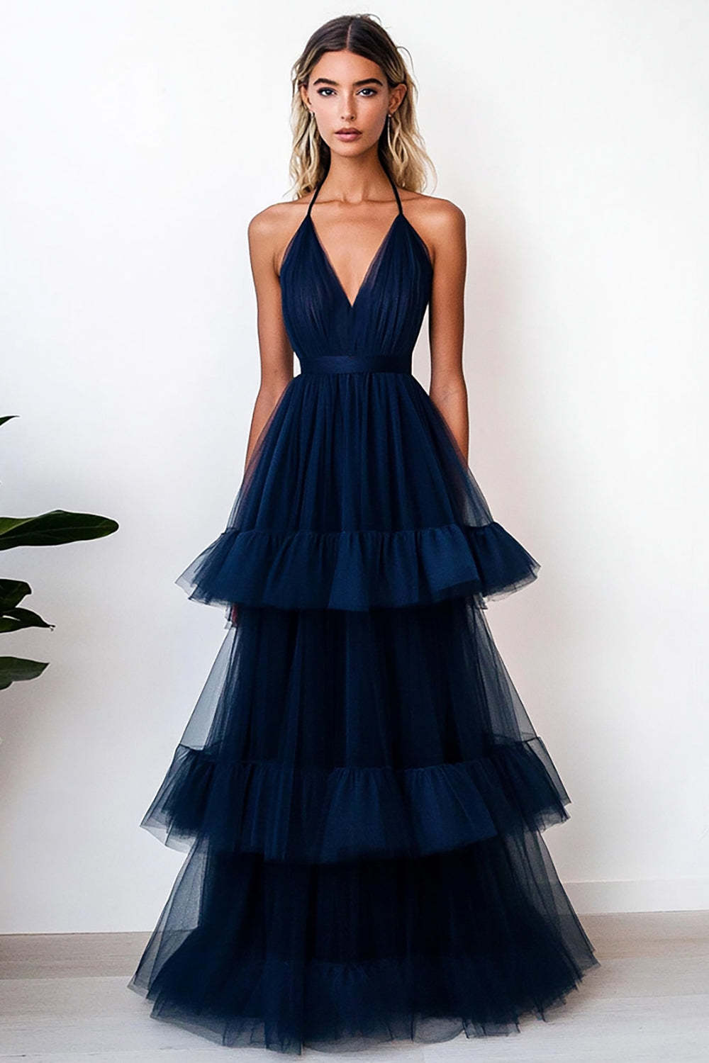 Navy Wedding Guest Dress Tulle Halter Long A Line Tiered Evening Dress With Ruffles