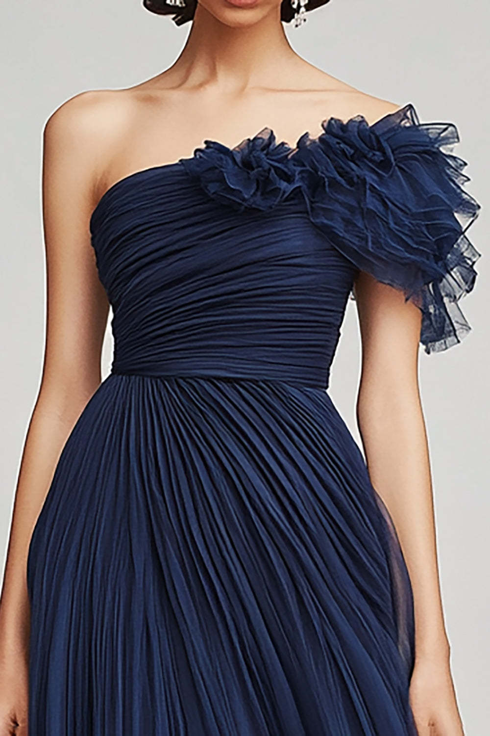 Navy Wedding Guest Dress Tulle One Shoulder Long A Line Evening Dress With Ruffles