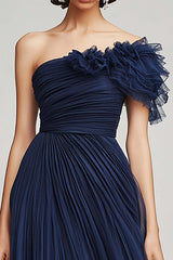 Navy Wedding Guest Dress Tulle One Shoulder Long A Line Evening Dress With Ruffles