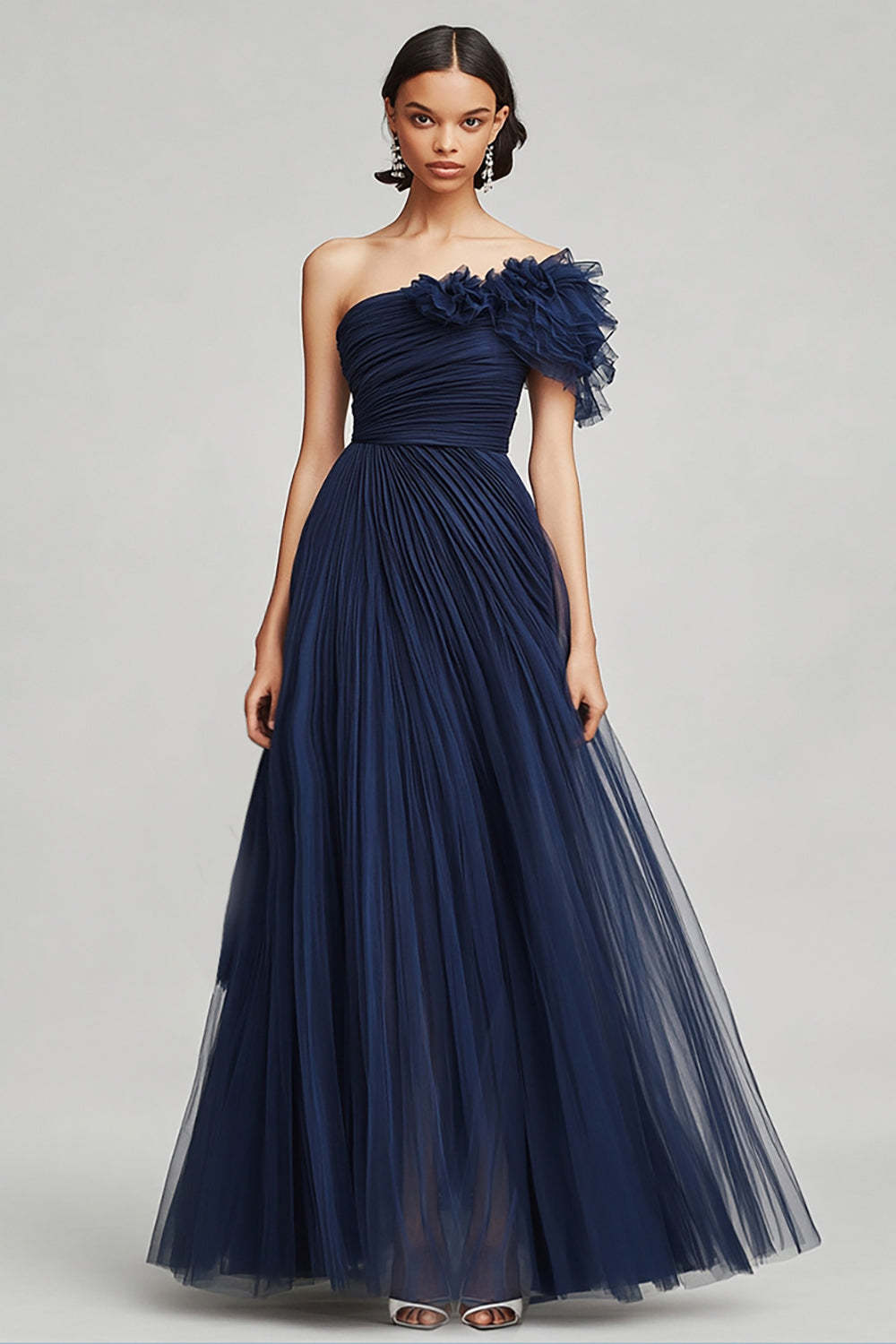 Navy Wedding Guest Dress Tulle One Shoulder Long A Line Evening Dress With Ruffles