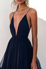 Navy Wedding Guest Dress Tulle Spaghetti Straps Tiered A Line Long Evening Dress