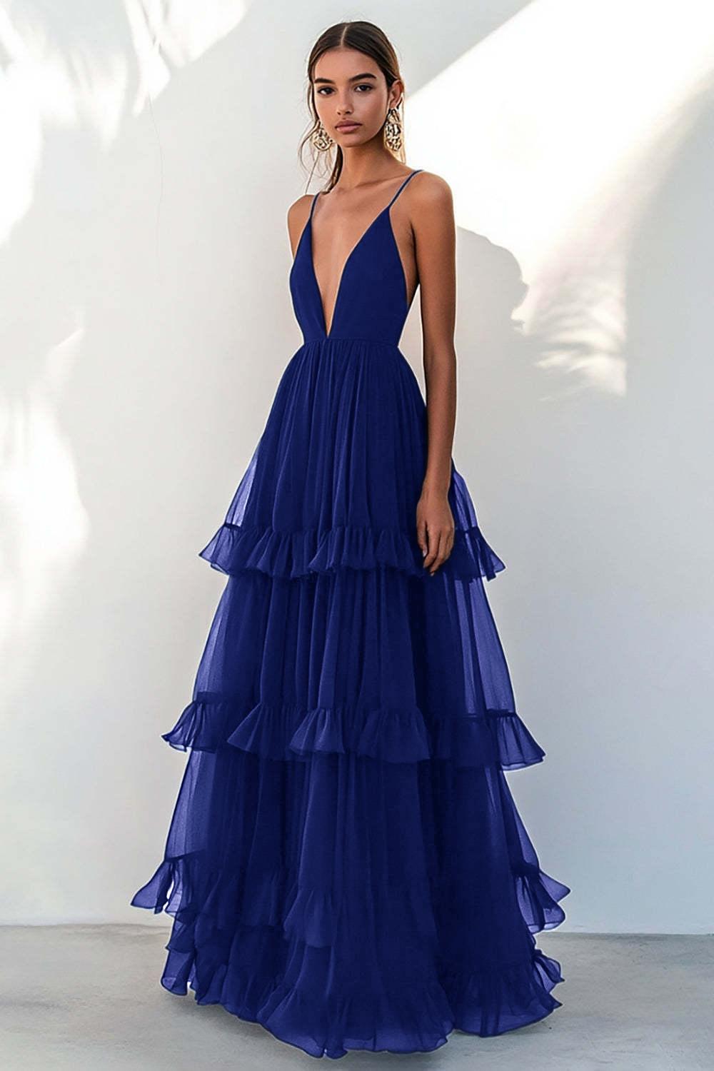 Navy Wedding Guest Dress Tulle Spaghetti Straps Tiered A Line Long Evening Dress