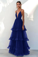 Navy Wedding Guest Dress Tulle Spaghetti Straps Tiered A Line Long Evening Dress