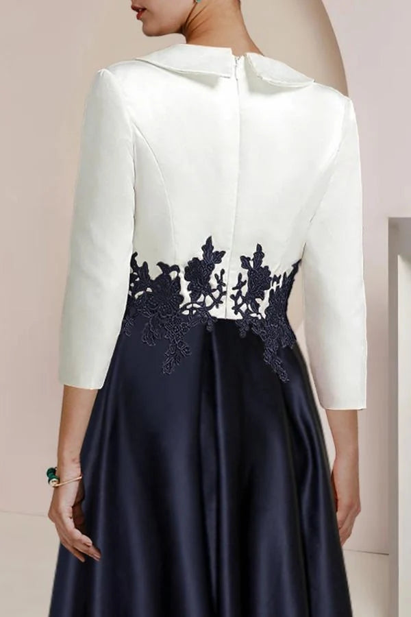 Navy and Ivory High Low Mother of the Bride Dress V Neck 3/4 Sleeve Wedding Guest Dress