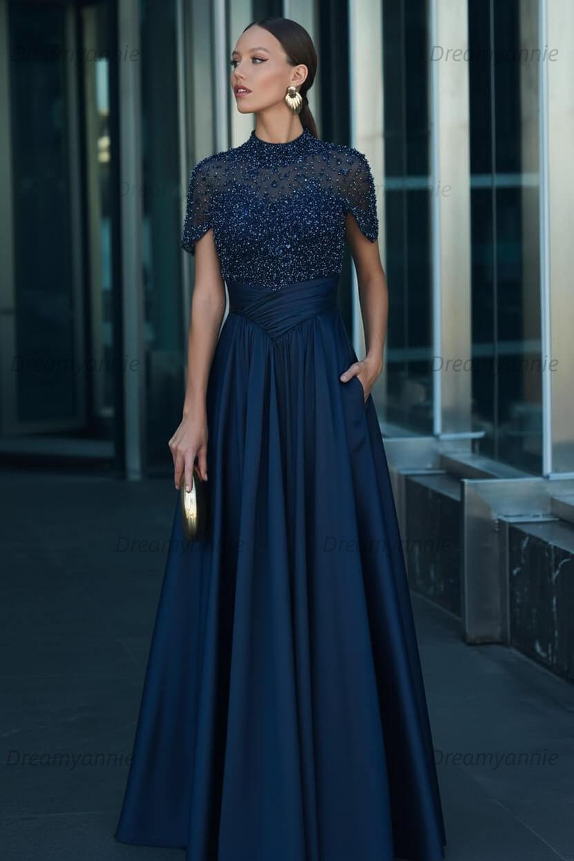 Green A Line Prom Dress Short Sleeve High Neck Beaded Evening Dress