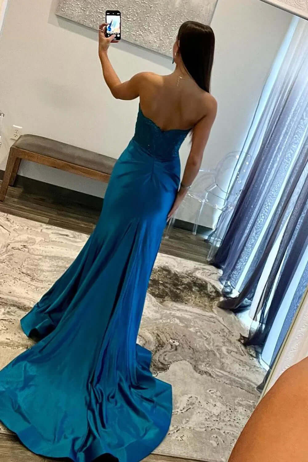 Sweetheart Navy Prom Dress Mermaid Corset Long Evening Dress with Slit