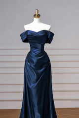 Navy Prom Dress Blue Off The Shoulder Formal Dress with Detachable Train
