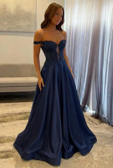Navy Satin Prom Dress Off The Shoulder A Line Long Lace Formal Dress