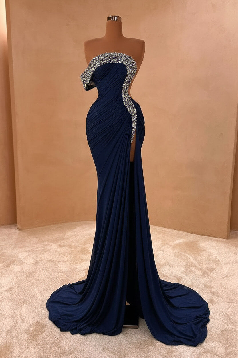 Blue Mermaid Prom Dress One Shoulder Beaded Evening Dress