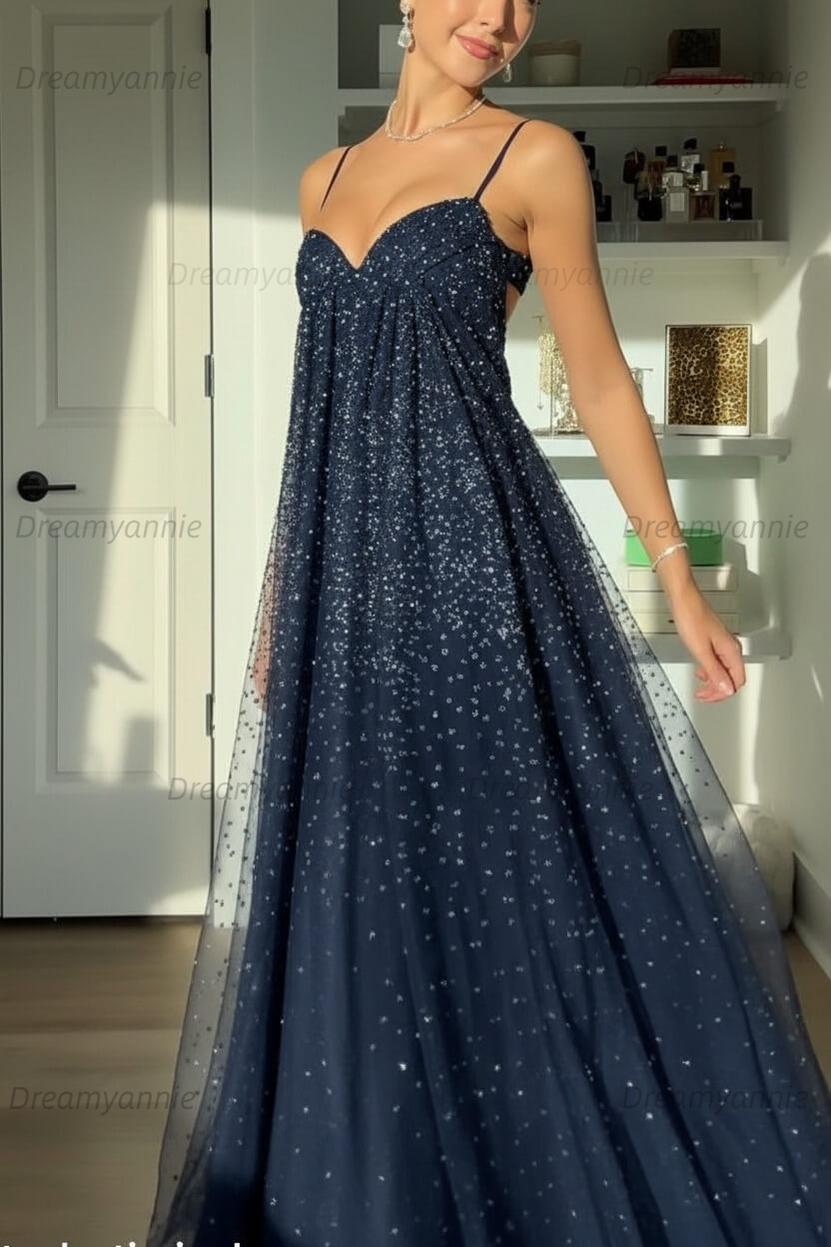 Bling A Line Spaghetti Straps Grey Blue Long Party Dress With Beading Formal Evening Gown