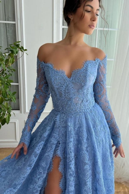 Ocean Blue Prom Dress A Line Off The Shoulder Sleeve Lace Formal Dress With Slit