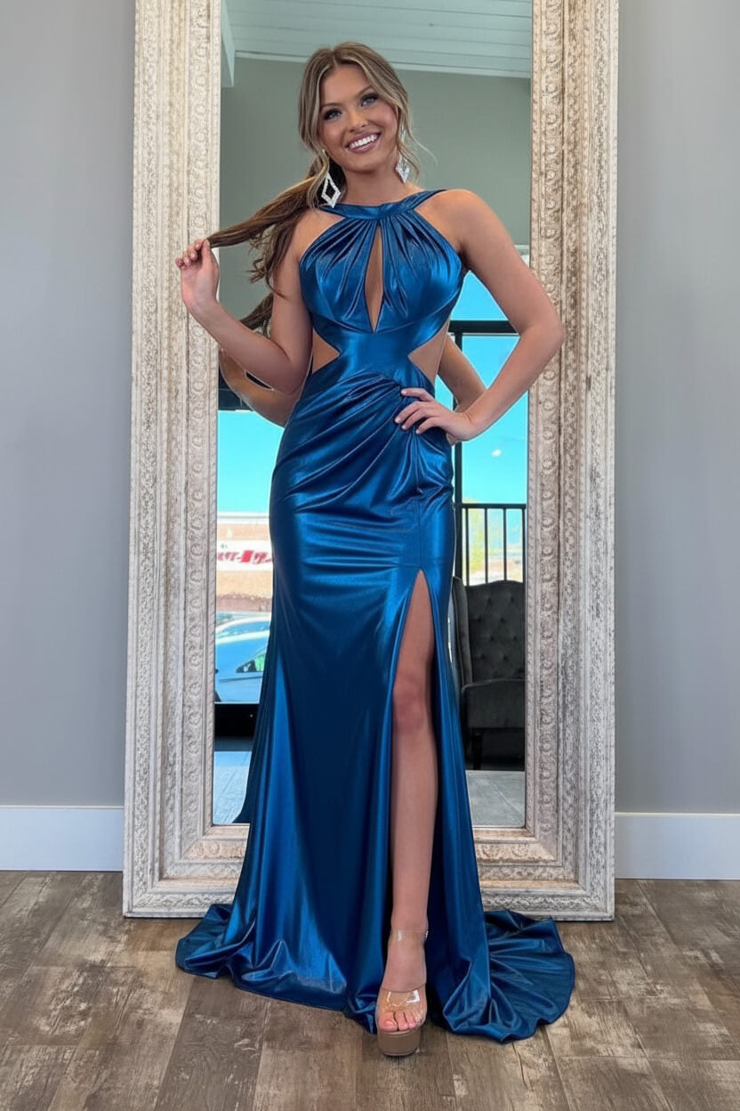 Stylish Fuchsia Metallic Mermaid Prom Dress With Slit And Open Back Formal Evening Gown
