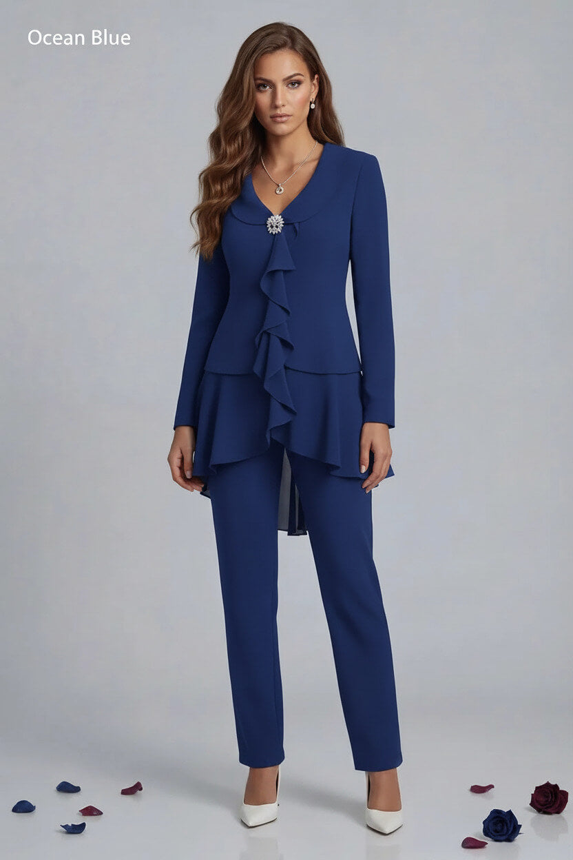 Dreamyannie Navy V Neck Ruffled Chiffon 2 Piece Mother Of The Bride Pant Suits With Sleeves