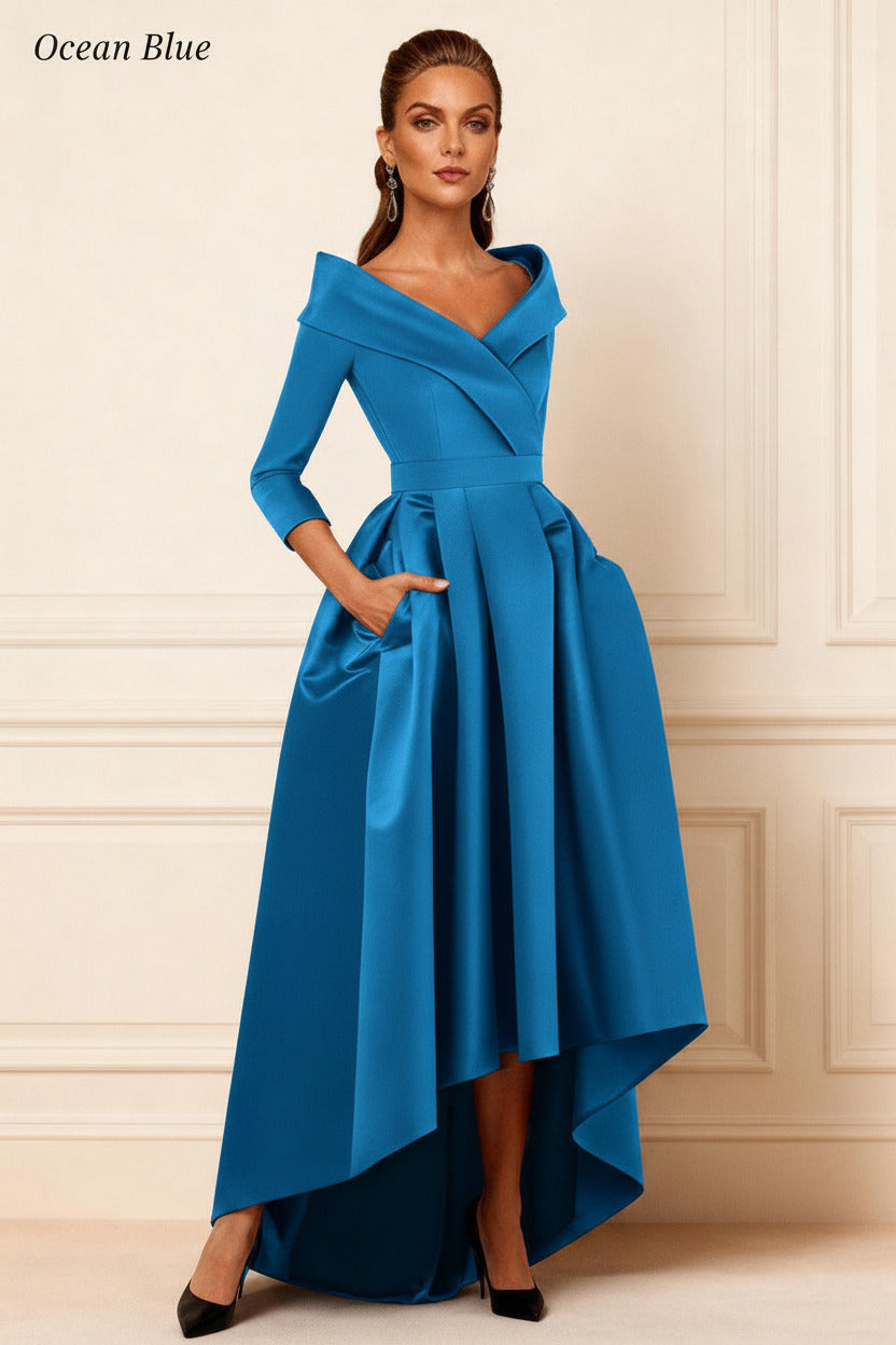 Dreamyannie Dark Navy V Neck Satin High Low Mother Of The Bride Dress With Pockets