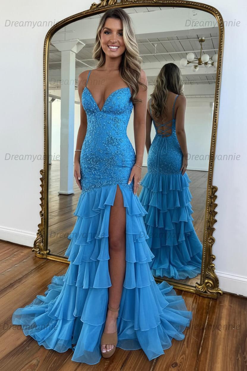Charming Mermaid Spaghetti Straps Lace Up Long Prom Dress With Ruffle Skirt Formal Evening Gown