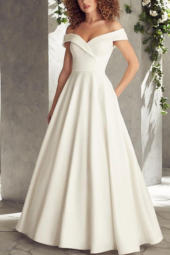 Off-Shoulder Ball-Gown Beach Wedding Dresses Satin