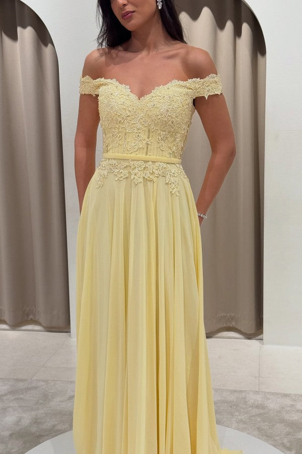 Off Shoulder Chiffon A Line Prom Dress with Lace Bodice and Side Slit