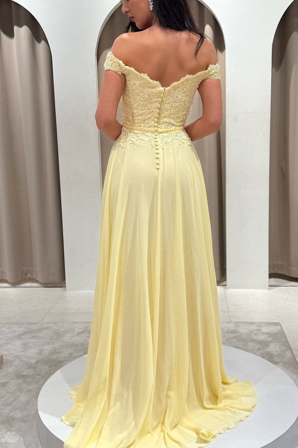Off Shoulder Chiffon A Line Prom Dress with Lace Bodice and Side Slit