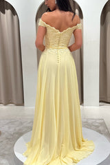 Off Shoulder Chiffon A Line Prom Dress with Lace Bodice and Side Slit