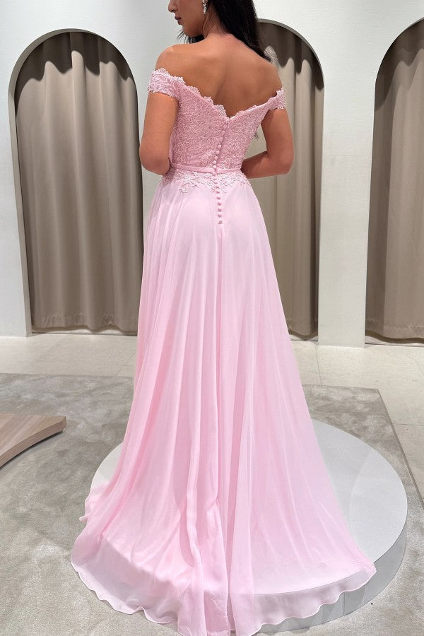 Off Shoulder Chiffon A Line Prom Dress with Lace Bodice and Side Slit