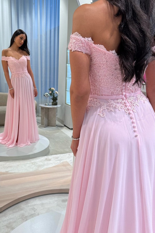 Off Shoulder Chiffon A Line Prom Dress with Lace Bodice and Side Slit