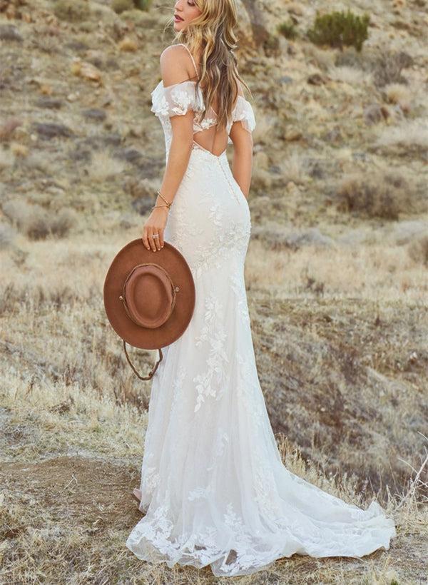 Off-Shoulder Lace Trumpet/Mermaid Beach Wedding Dresses Open Back Sweep Train