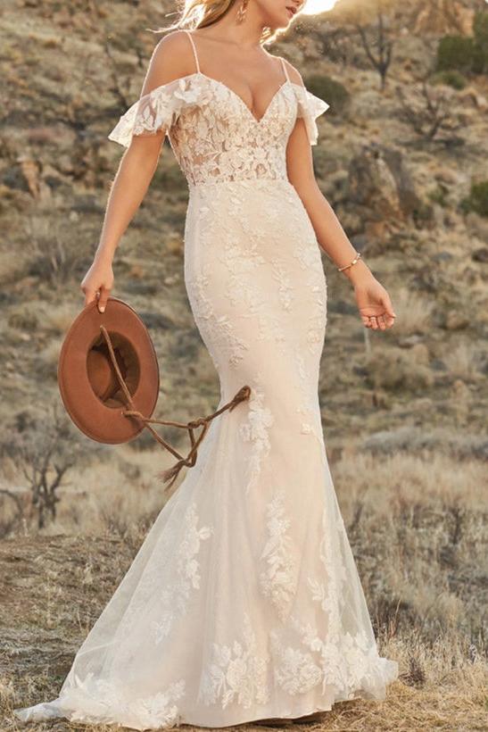 Off-Shoulder Lace Trumpet/Mermaid Beach Wedding Dresses Open Back Sweep Train