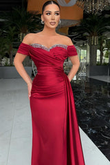 Off Shoulder Satin Mermaid Prom Dress with Crystal Trim and Draped Panel