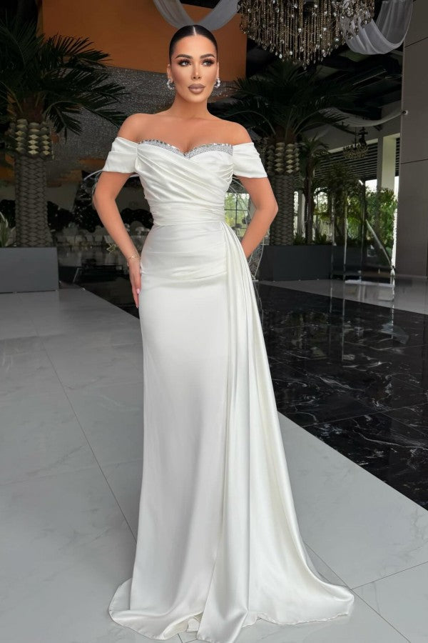Off Shoulder Satin Mermaid Prom Dress with Crystal Trim and Draped Panel