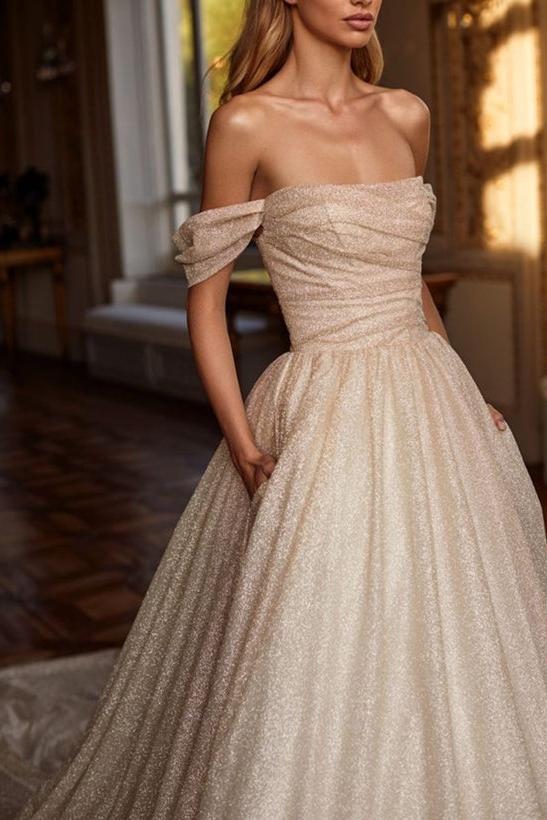 Off-Shoulder Sequined Court Train Wedding Dress