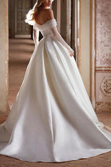 Off-The-Shoulder A-Line Beach Wedding Dress With Long Sleeves and Pockets Featuring Sequins