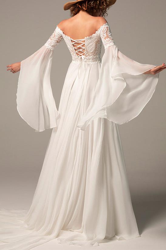 Off-The-Shoulder A-Line Beach Wedding Dress with Long Sleeves in Chiffon/Lace