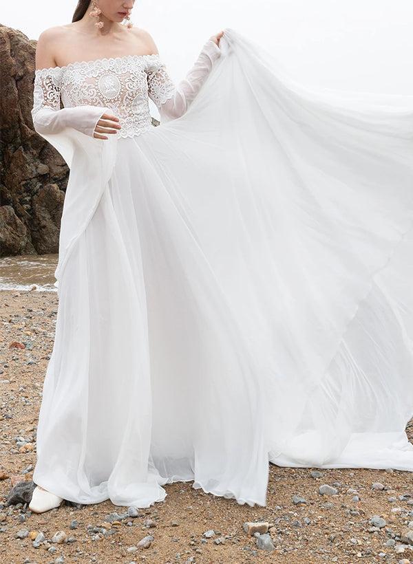 Off-The-Shoulder A-Line Beach Wedding Dress with Long Sleeves in Chiffon/Lace