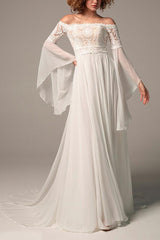 Off-The-Shoulder A-Line Beach Wedding Dress with Long Sleeves in Chiffon/Lace