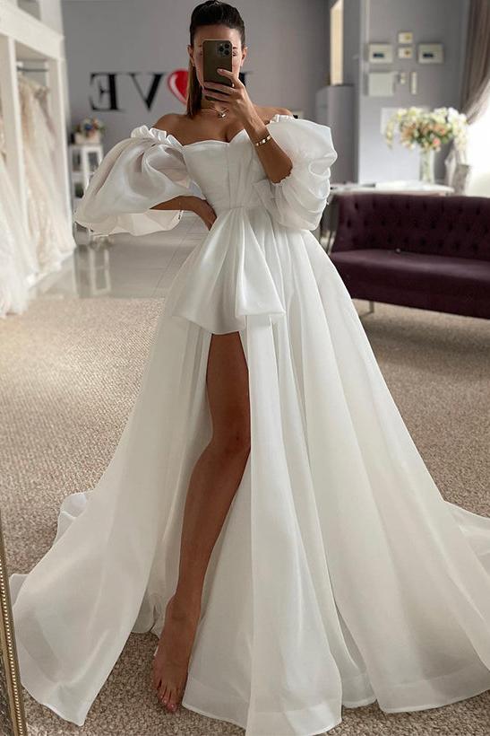 Off-The-Shoulder A-Line Beach Wedding Dress with Split Front and 1/2 Sleeves