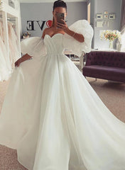 Off-The-Shoulder A-Line Beach Wedding Dress with Split Front and 1/2 Sleeves