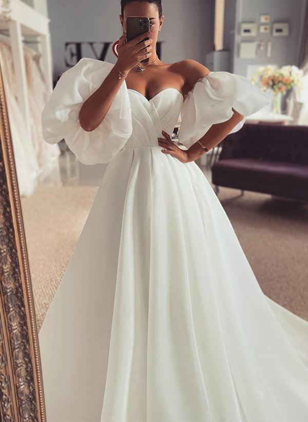 Off-The-Shoulder A-Line Beach Wedding Dress with Split Front and 1/2 Sleeves