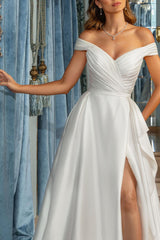 Off-The-Shoulder A-Line Pleated Beach Wedding Dress With Split Front