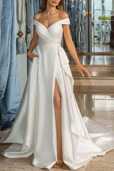Off-The-Shoulder A-Line Pleated Beach Wedding Dress With Split Front