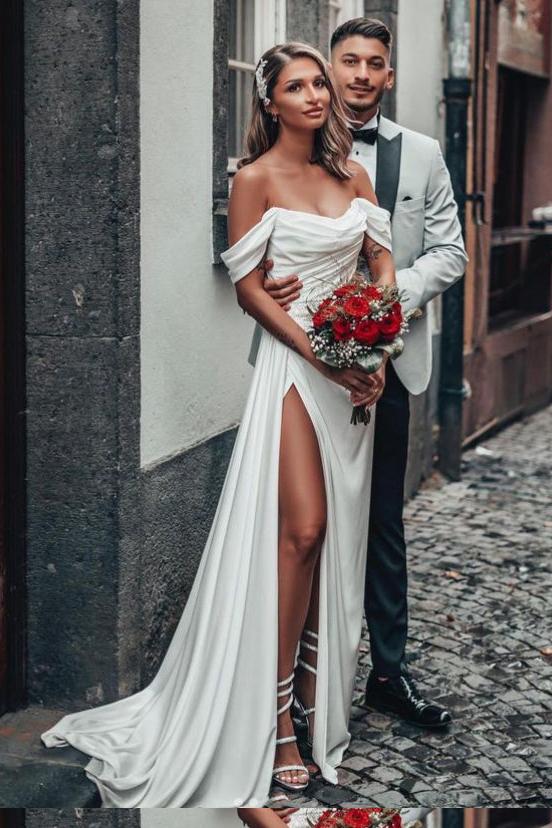 Off-The-Shoulder A-Line Satin Beach Wedding Dresses With Split Front