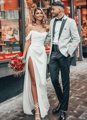 Off-The-Shoulder A-Line Satin Beach Wedding Dresses With Split Front