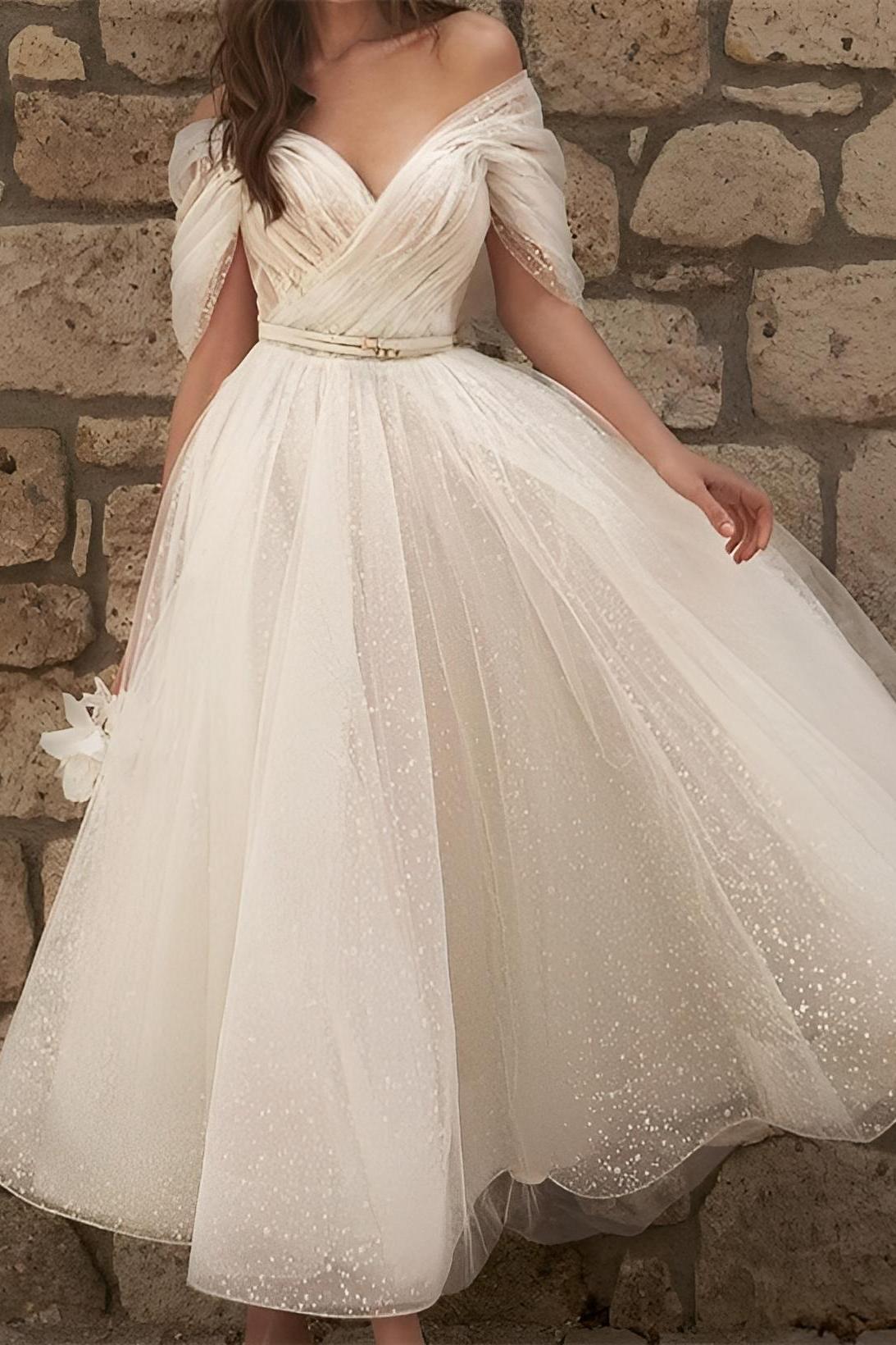 Off-The-Shoulder A-Line Tea-Length Tulle Beach Wedding Dress