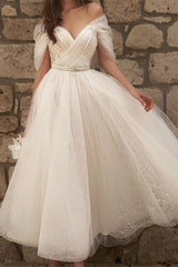 Off-The-Shoulder A-Line Tea-Length Tulle Beach Wedding Dress