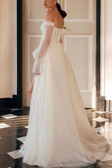 Off-The-Shoulder A-Line Wedding Dress with Long Sleeves and Split Front